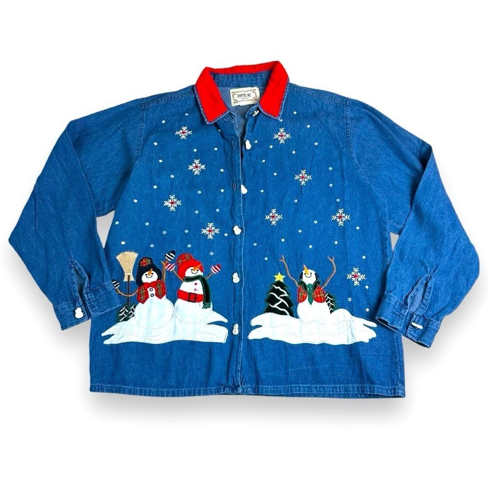 Vintage blue denim snowman button down shirt sz L